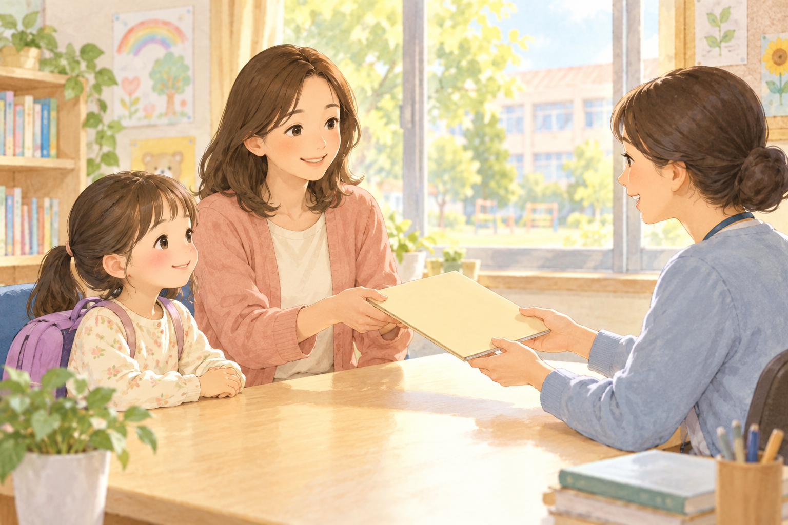 초등학생 여자아이와 엄마가 학교에서 선생님에게 종이 폴더를 건네며 상담하는 동화풍 장면