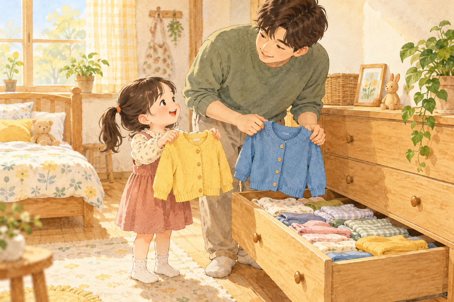 아빠와 여자아이가 서랍 앞에서 내일 입을 가디건을 함께 고르는 모습