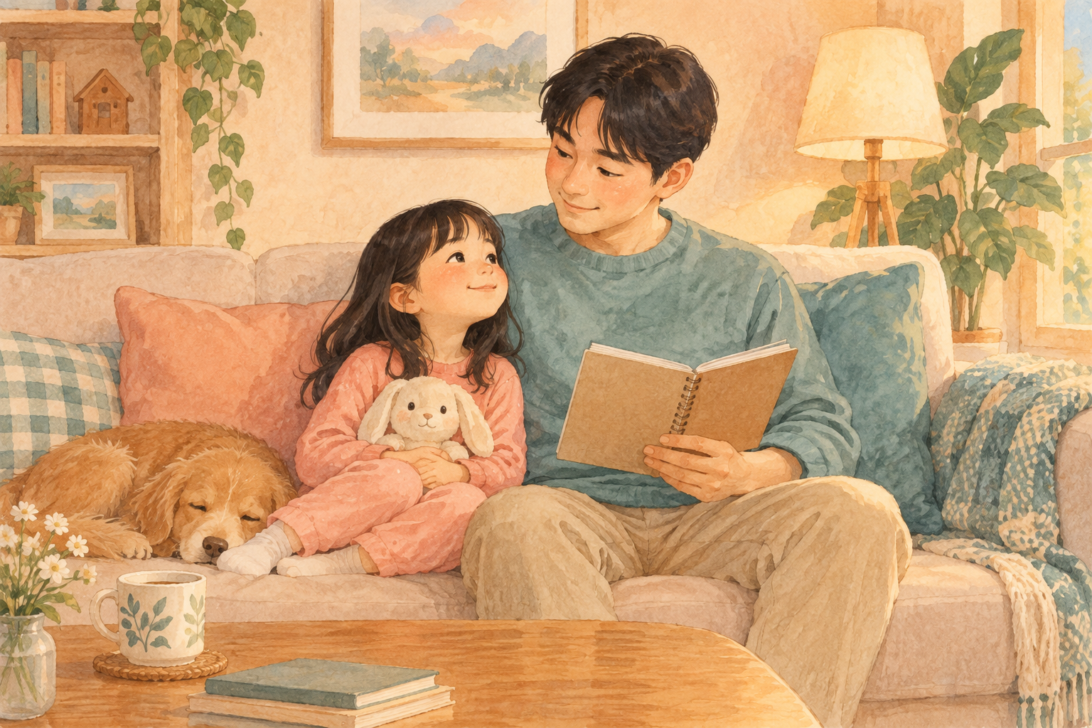 아빠가 관찰 메모를 들고 소파에서 쉬는 여자아이를 돌보는 장면