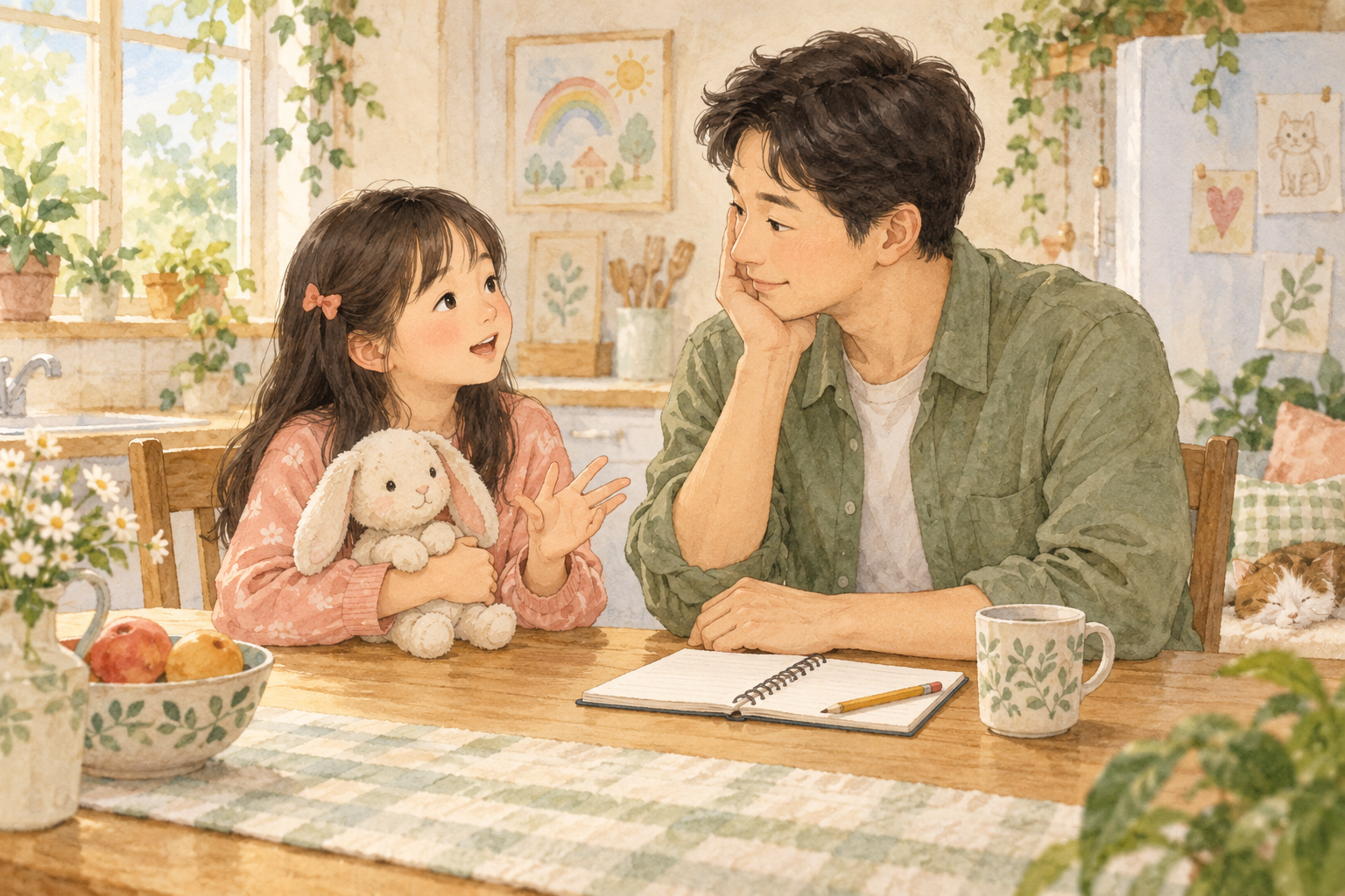 식탁에서 아빠와 여자아이가 편안하게 이야기하고 옆에 빈 메모장과 연필이 놓인 수채화 삽화