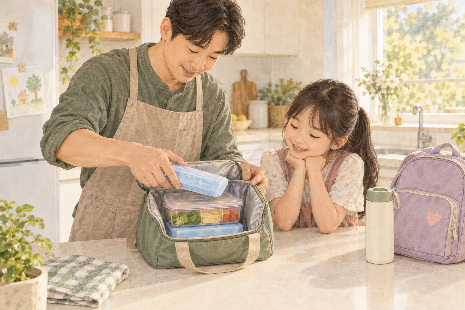 아빠가 보냉 가방 속 밀폐 도시락 아래와 위에 파란 냉원을 배치하고 여자아이가 곁에서 보는 수채화 삽화
