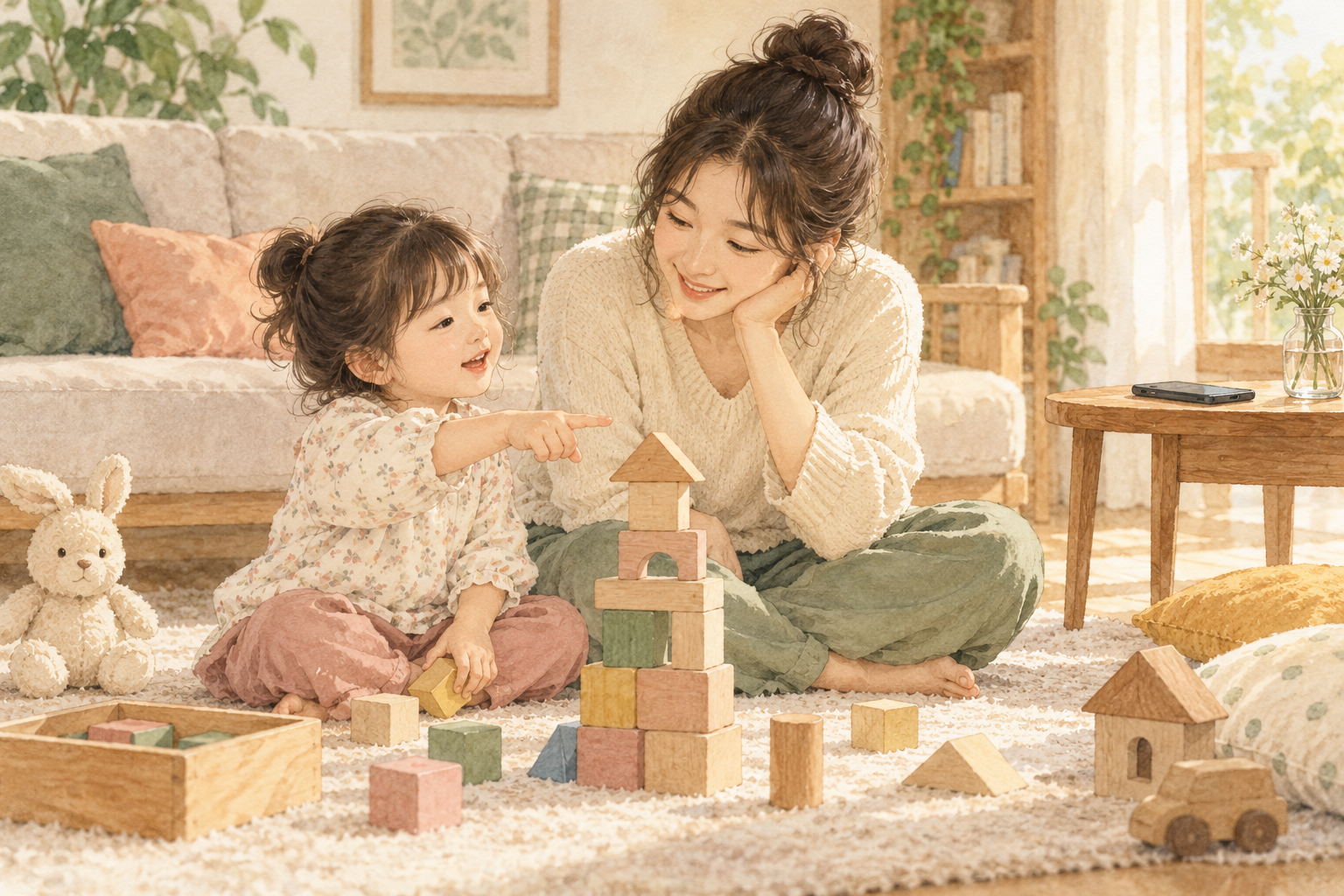 휴대폰을 옆 탁자에 뒤집어 놓은 엄마가 바닥에서 블록을 보여 주는 여자아이와 눈을 맞추는 수채화 삽화