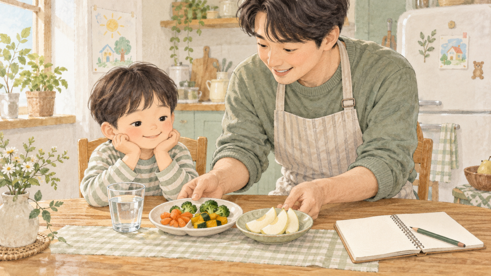 아빠가 아이와 함께 익힌 채소와 배, 물을 준비하고 증상 기록 노트를 펼친 모습