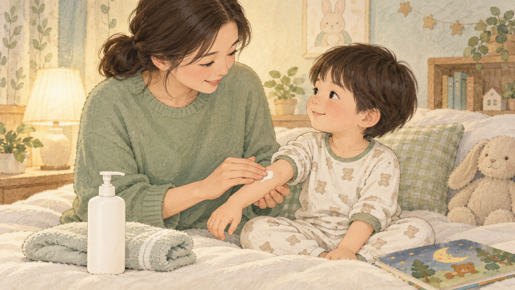 면 잠옷을 입은 아이의 팔에 보호자가 무향 보습제를 부드럽게 바르는 모습