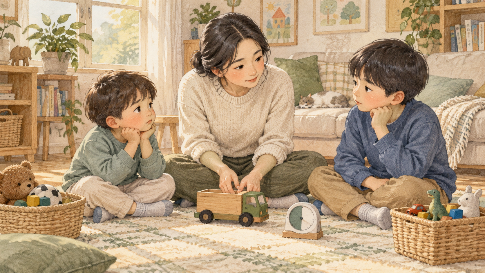 부모가 두 아이의 눈높이에 앉아 장난감 트럭의 사용 차례를 함께 이야기하는 모습