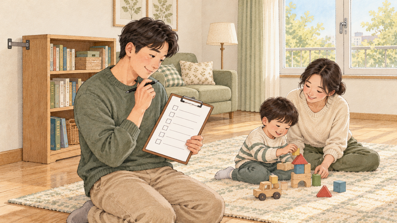 가구 고정을 점검하는 아빠와 아이를 돌보는 엄마를 그린 삽화