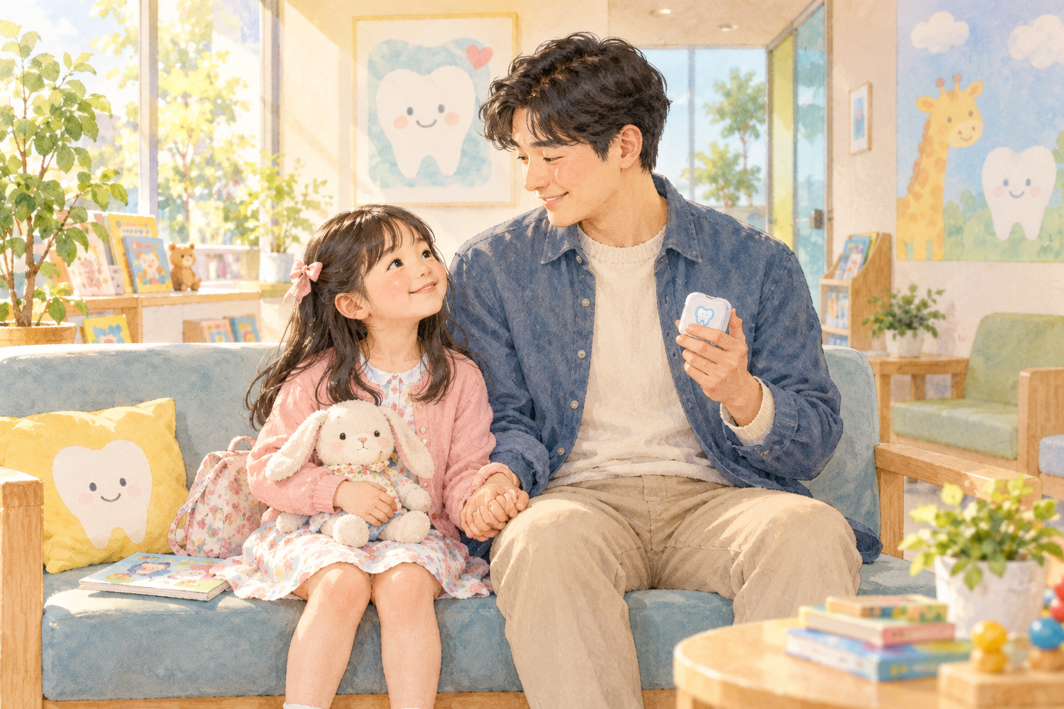 아빠와 여자아이가 작은 보관 용기를 들고 치과 대기실에 앉은 모습