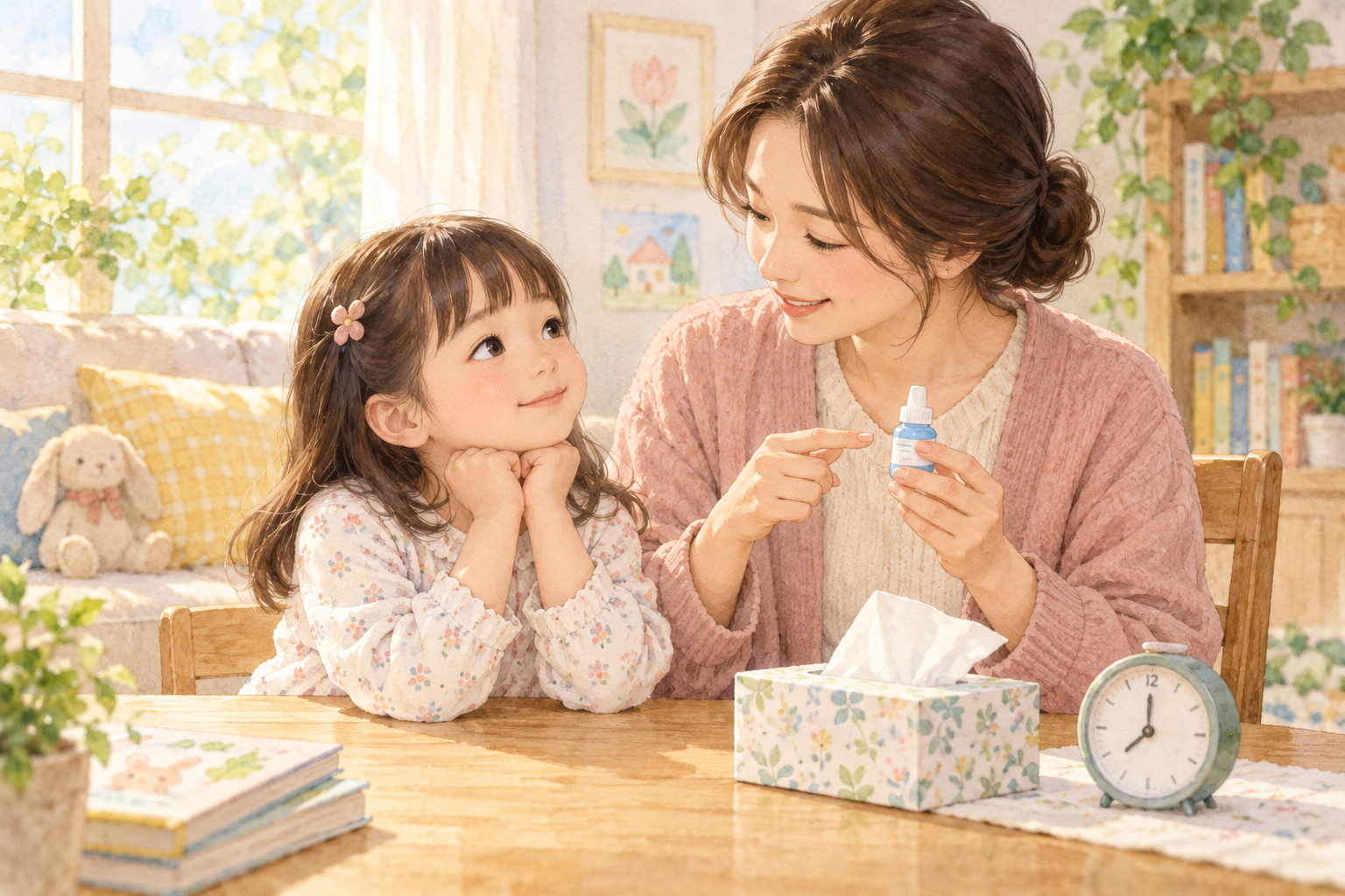 엄마가 여자아이에게 닫힌 안약병을 보여주며 사용 준비를 설명하는 모습