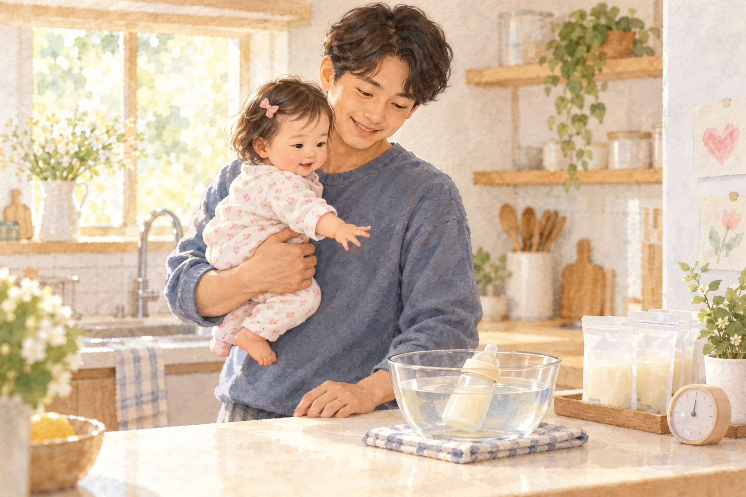 아빠가 여자아기를 안고 따뜻한 물 속 젖병의 수유 준비를 확인하는 모습