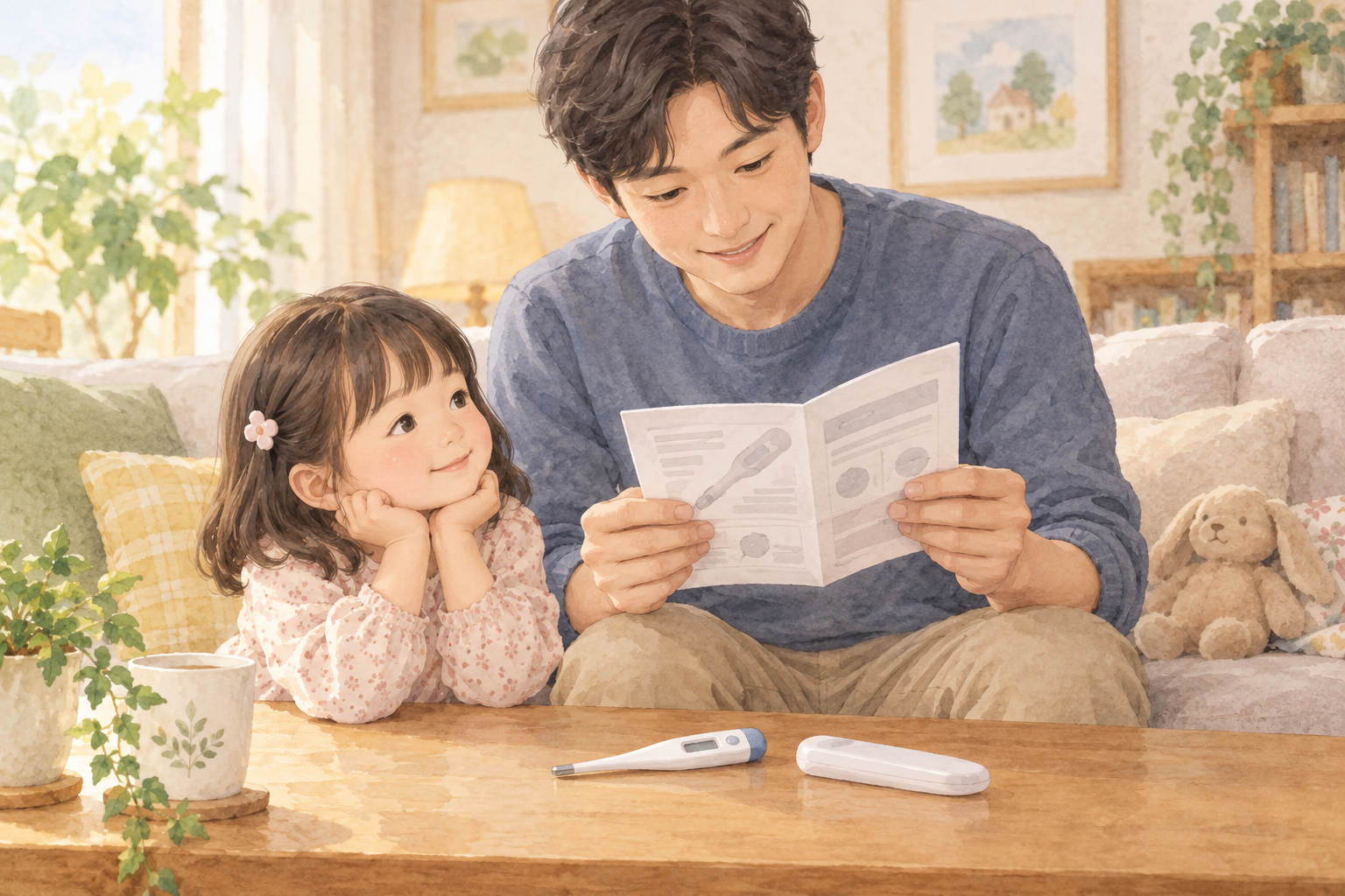 아빠와 여자아이가 집에서 체온계 설명서를 함께 살펴보는 모습