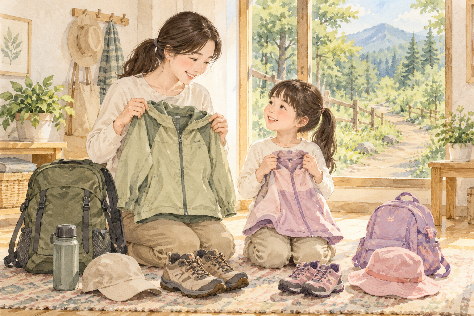 엄마와 여자아이가 숲 외출 전 긴 옷과 신발을 준비하는 모습