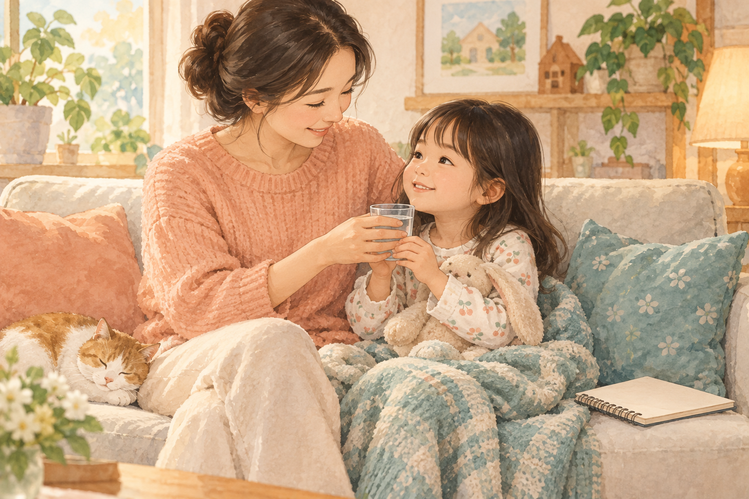 작은 컵을 건네는 엄마와 소파에서 쉬는 여자아이