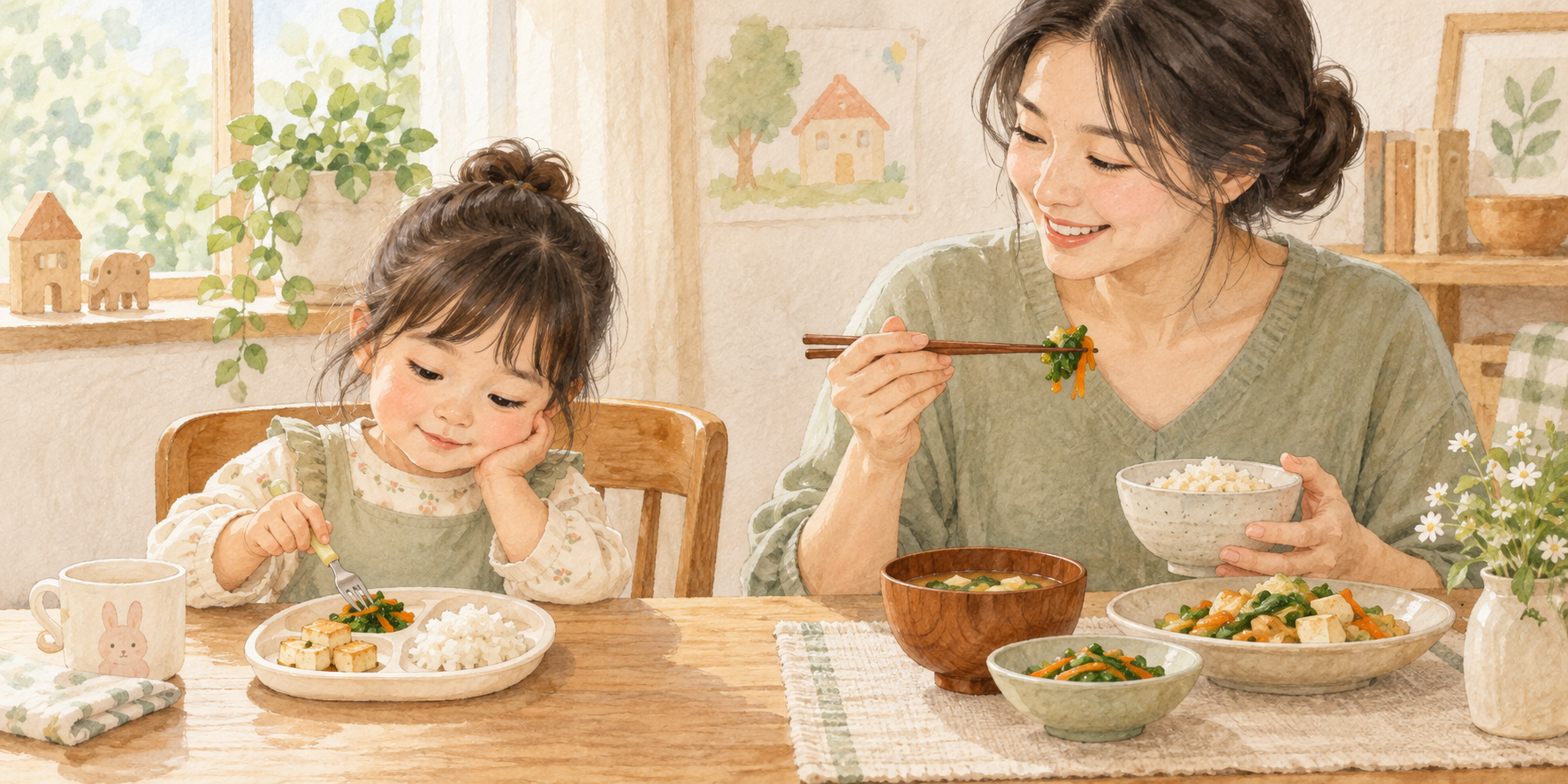 부드러운 채소와 익숙한 음식을 살펴보며 엄마와 식사하는 아이