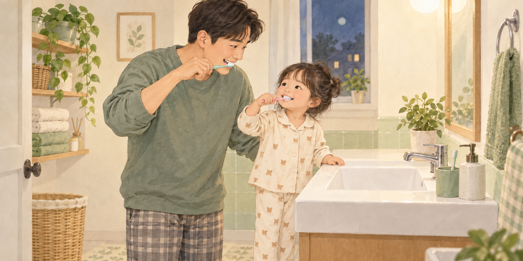 각자의 칫솔로 양치하며 아빠의 시범을 보는 어린아이