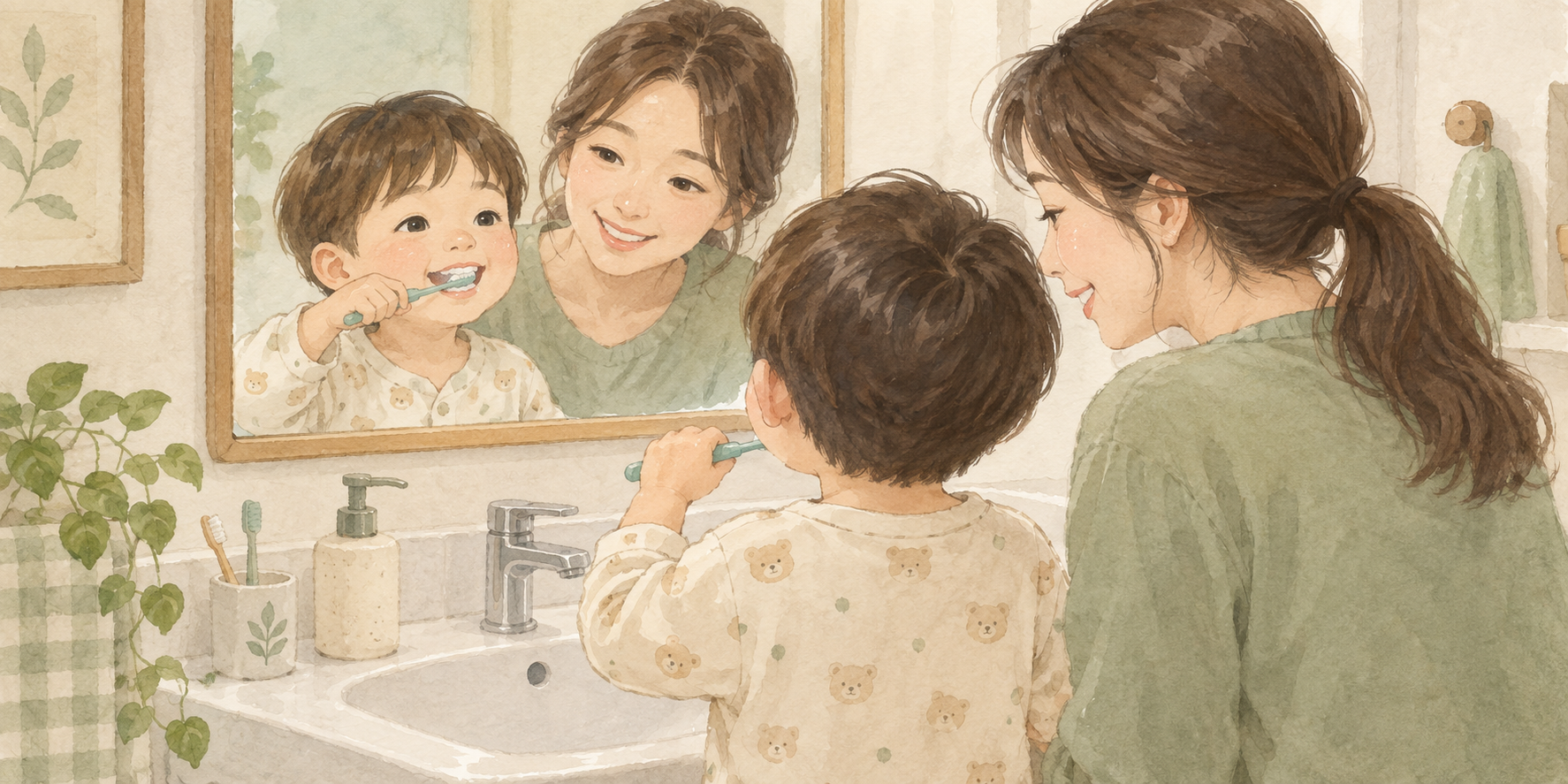 거울을 보며 양치하는 아이와 곁에서 확인하는 엄마