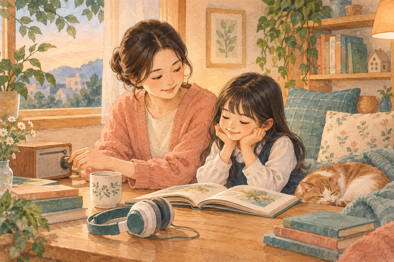 라디오를 끄고 조용한 독서 공간을 만드는 엄마와 여자아이