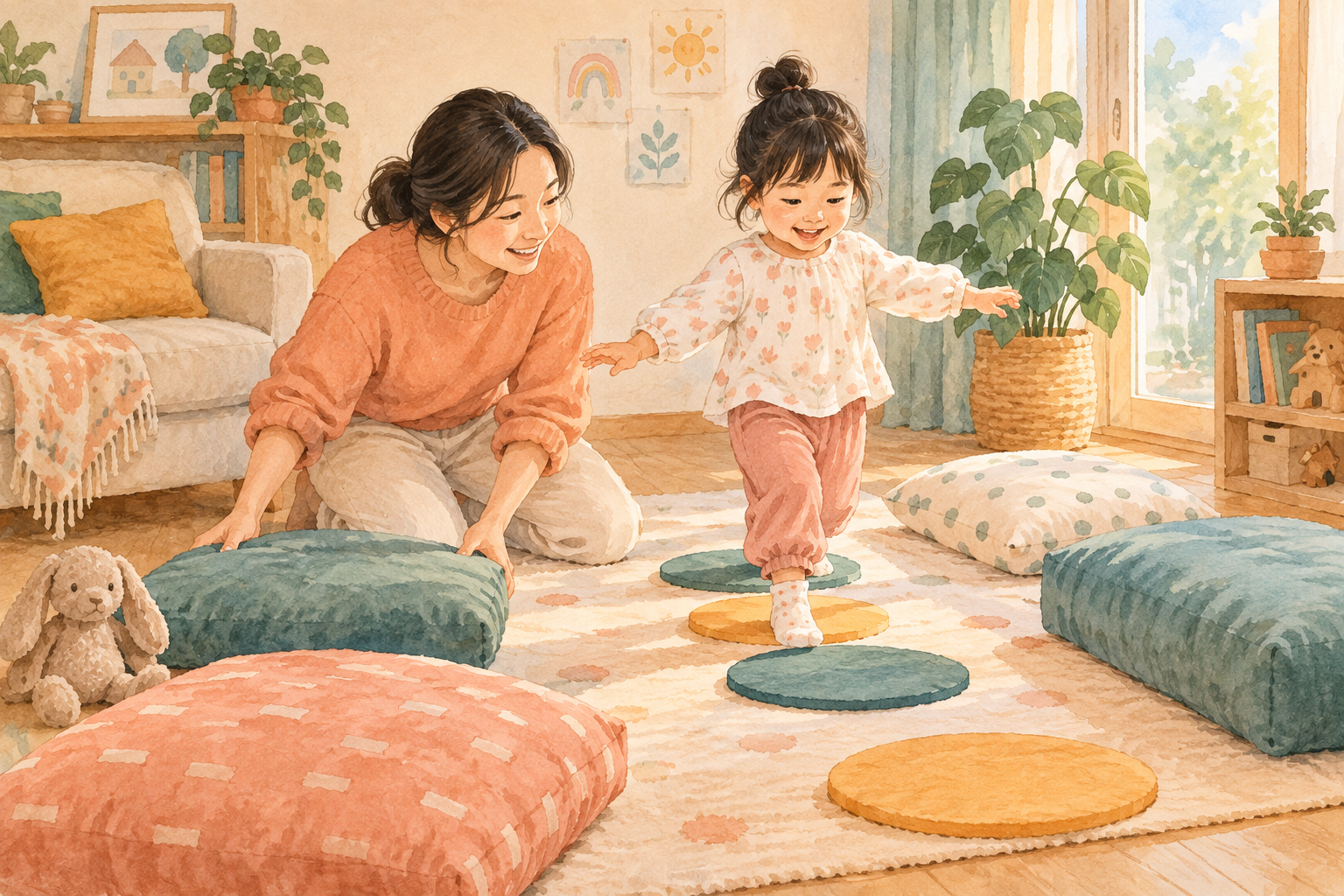 바닥의 큰 원과 쿠션 사이에서 안전하게 걷기 놀이를 하는 엄마와 여자아이