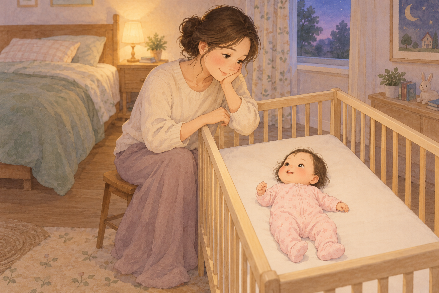 빈 아기 침대에서 반듯이 누운 여자 아기를 엄마가 곁에서 바라보는 동화풍 장면