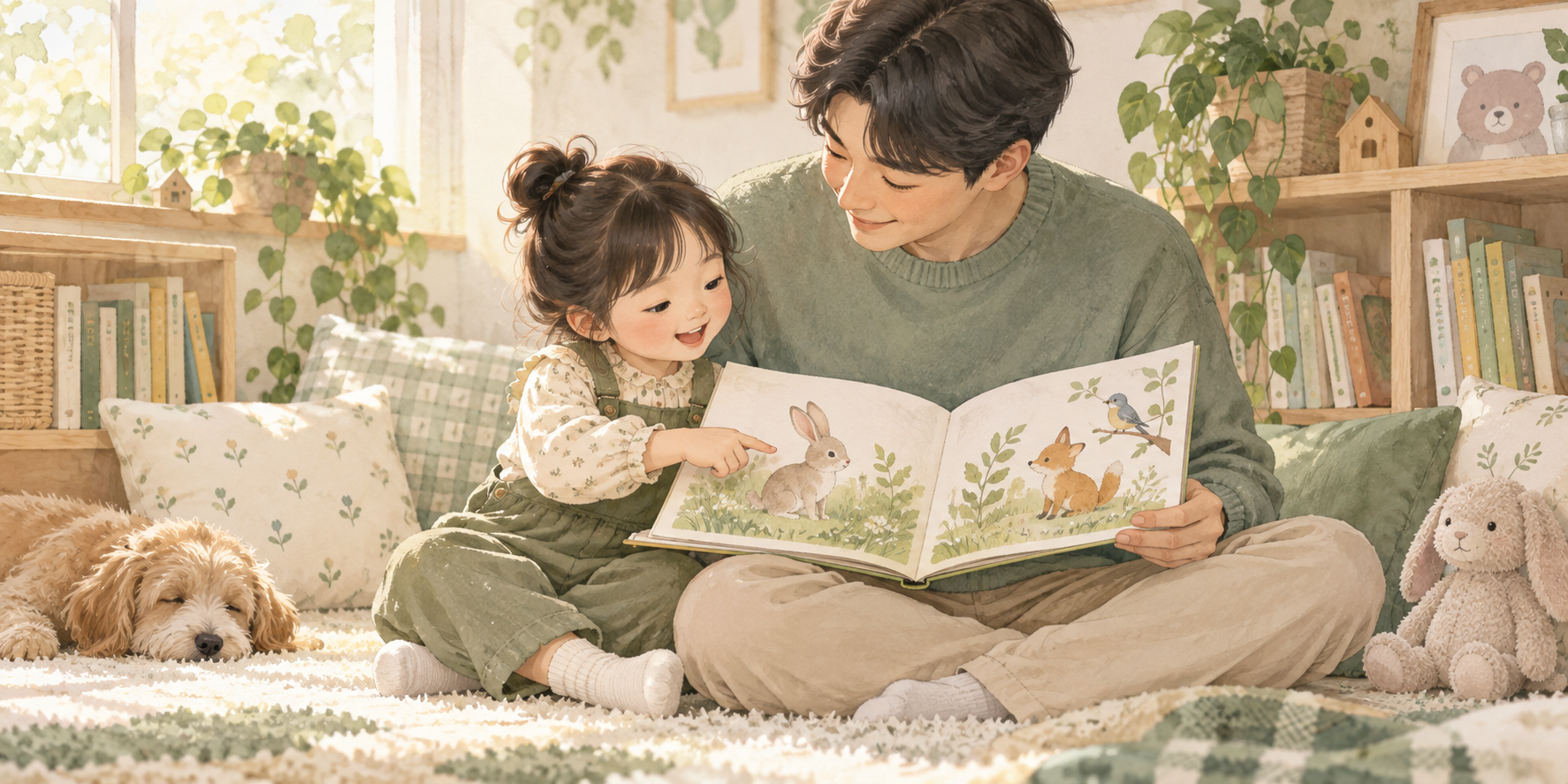 그림책 속 토끼를 가리키는 아이와 이야기를 듣는 아빠
